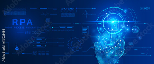 Technology digital hand wireframe pressing on HUD circle robot of RPA platform concept vector. Robotic process automation, artificial intelligence with futuristic pattern illustration background.