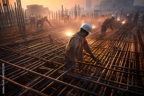 Construction workers fabricating steel reinforcement bar at the construction site photo