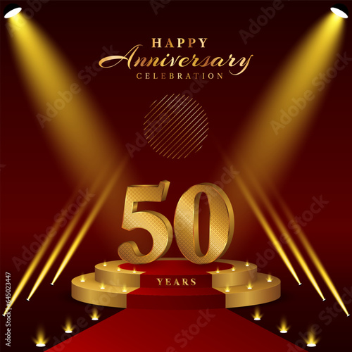50th anniversary logo with numbers and podium in gold color, logo design for celebration event, invitation, greeting card, banner, poster, and flyer, vector template