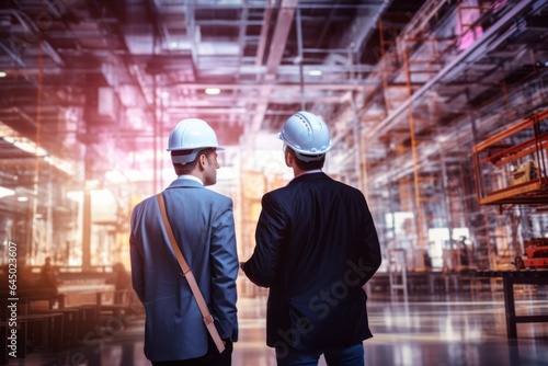 two engineers in hard hats standing in factory