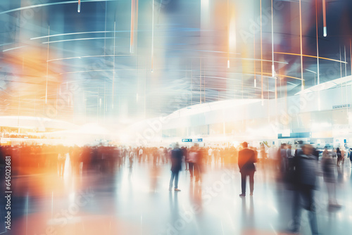 Background of an expo or convention with blurred individuals in an exposition hall. Concept image for a international exhibition, conference center, corporate marketing, or event fair photo