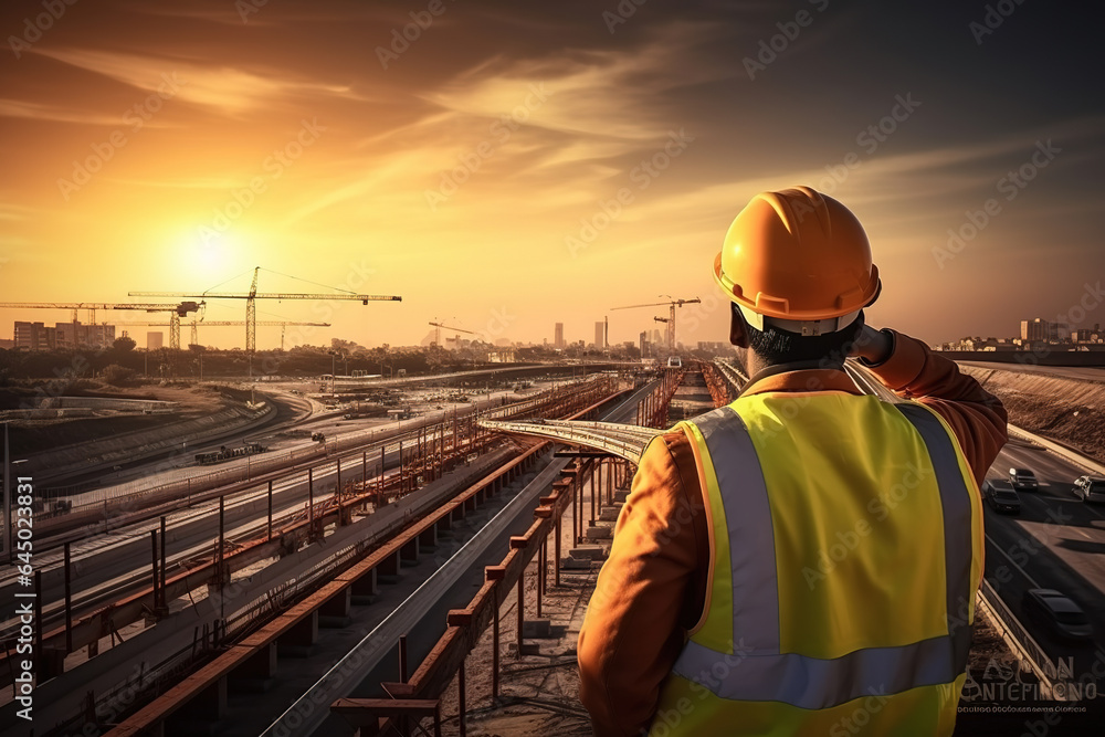 Obraz premium An engineering inspected the structure road construction work at road construction. Civil Engineer at expressway under construction.