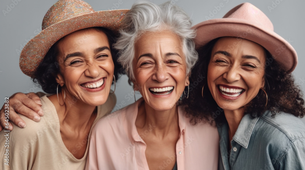 Joyful seniors mark a birthday against a studio background. Generative AI Joyful seniors mark a birthday against a studio background. Generative AI