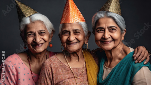 Studio portrait captures senior women celebrating a birthday. Generative AI