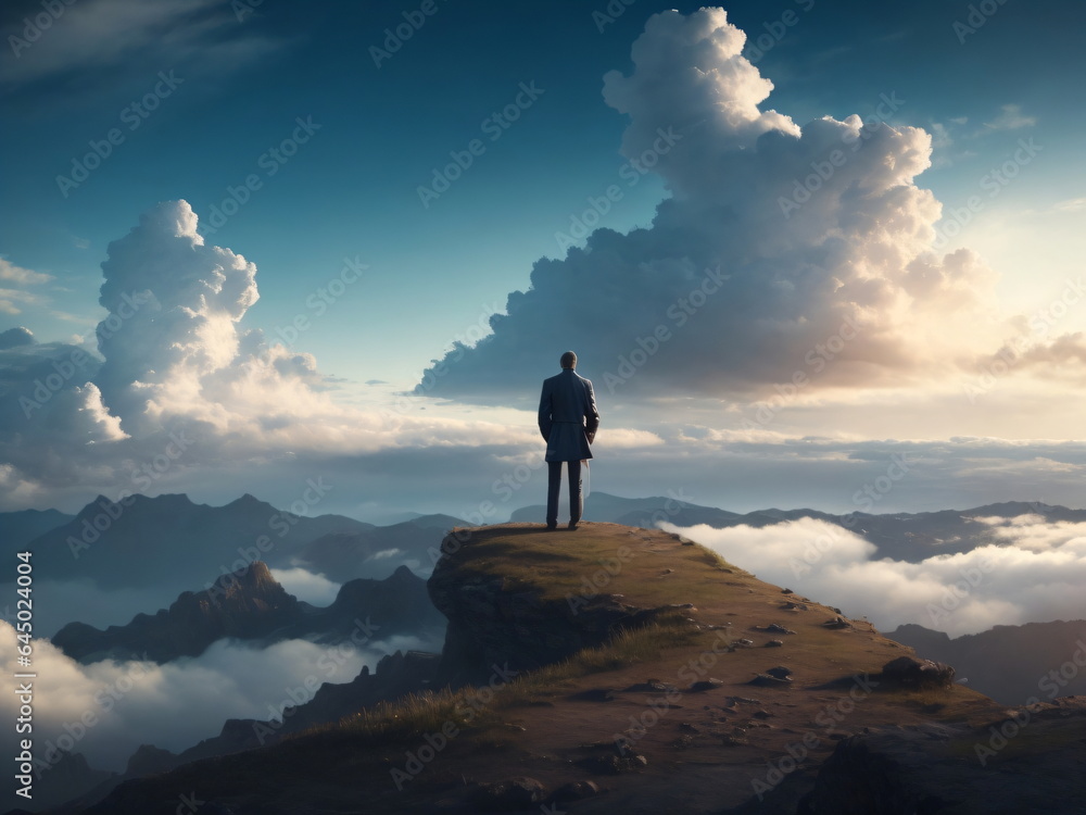 Wide angle shot of a lonely man standing in a fantasy landscape with a shining cloudy sky. Meditation and spiritual life