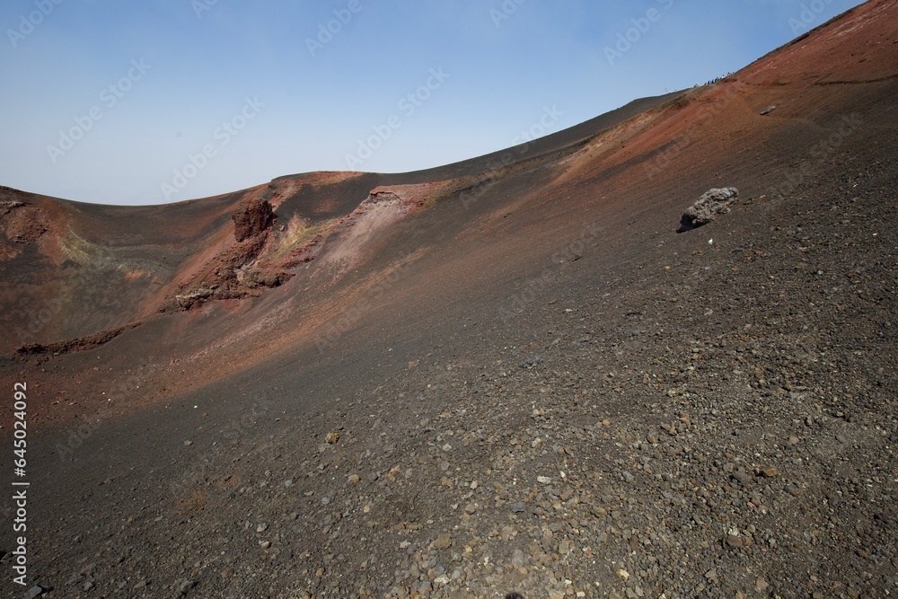 Etna national park panoramic view of volcanic landscape with crater, Catania, Sicily
