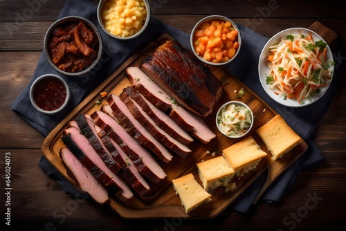 A rendered picture of a platter of smoked brisket with a side of coleslaw and cornbread.
