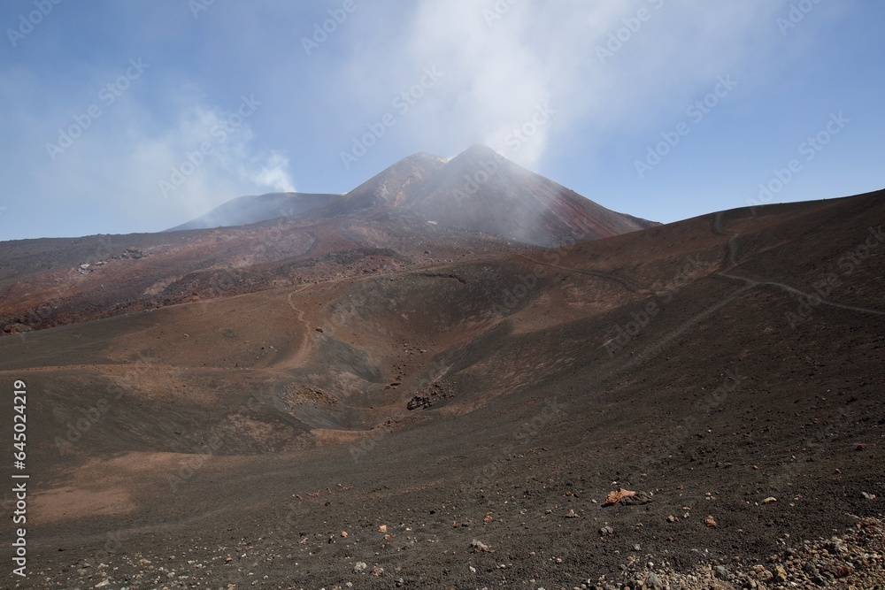 Etna national park panoramic view of volcanic landscape with crater, Catania, Sicily