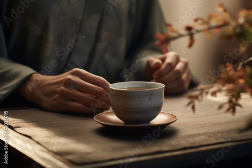 A person practices mindfulness while enjoying a cup of tea, emphasizing the importance of present-moment awareness for wellbeing. Generative Ai.
