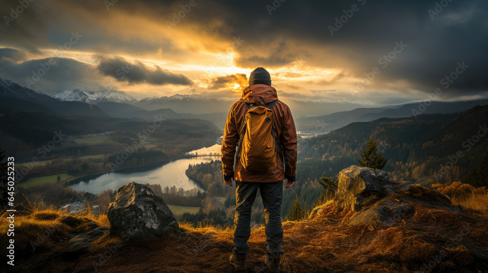 Majestic view: lone traveler stands at edge of rugged landscape.
