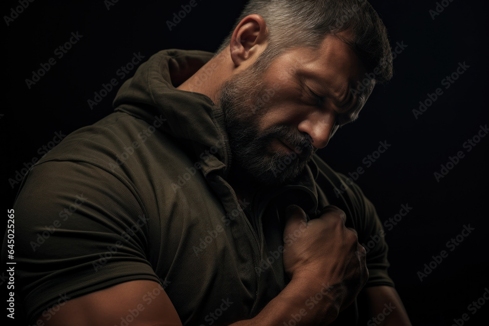 A person clasps their hands behind their back and gently lifts their