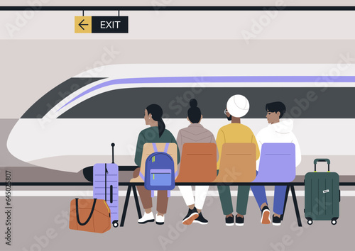 A group of characters waiting for their train at the railway station platform