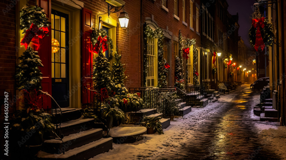 Fototapeta premium A town cozy street with beautiful houses decorated for Christmas. Winter seasonal holiday, festive background. Merry Christmas and happy New Year concept.