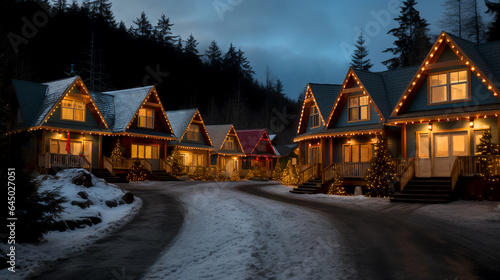 A town cozy street with beautiful houses decorated for Christmas. Winter seasonal holiday, festive background. Merry Christmas and happy New Year concept.