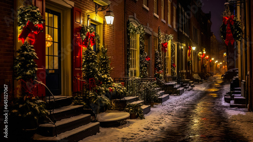 A town cozy street with beautiful houses decorated for Christmas. Winter seasonal holiday  festive background. Merry Christmas and happy New Year concept.