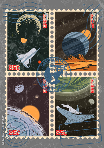 Retro Future Space Ship Postage Stamps Set. 1950s-1960s Vintage Style Cosmos Flying Saucer Adventure Illustrations