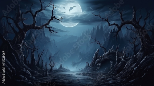 Realistic Halloween background with the creepy landscape of a night sky fantasy forest in the moonlight