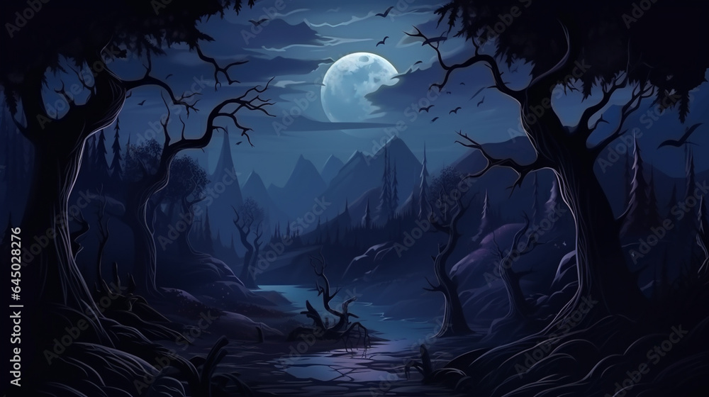 Realistic Halloween background with the creepy landscape of a night sky fantasy forest in the moonlight Realistic Halloween background with the creepy landscape of a night sky fantasy forest in the moonlight