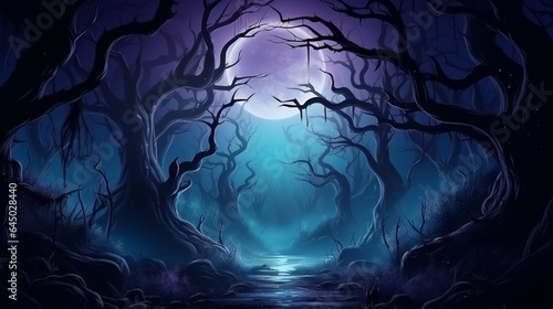 Realistic Halloween background with the creepy landscape of a night sky fantasy forest in the moonlight