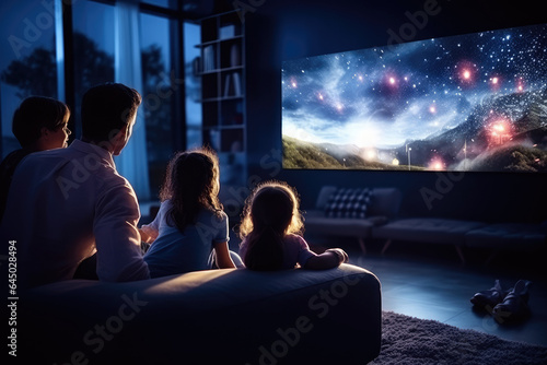 A family enjoying movie night with a large smart TV and streaming content from various platforms. Generative Ai.