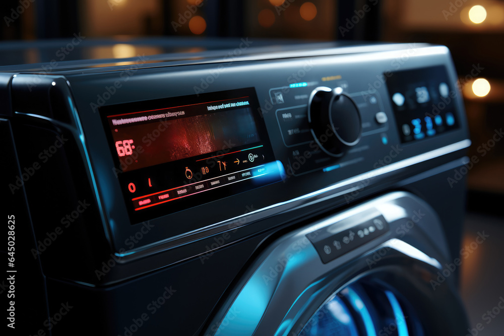 Fototapeta premium A smart washing machine with a digital display indicating the progress of a laundry cycle. Generative Ai.