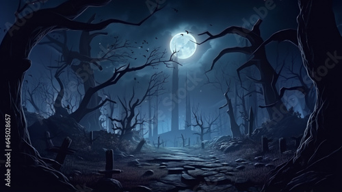 Realistic Halloween background with the creepy landscape of a night sky fantasy forest in the moonlight