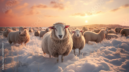 sheep grazing together in the snow on a sunset
