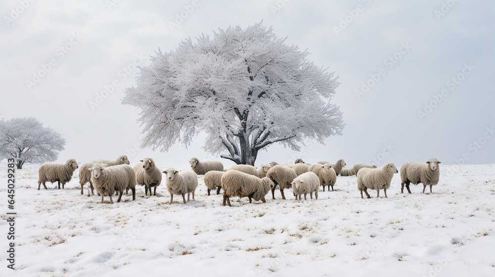 sheep grazing together in snow sheep grazing together in snow