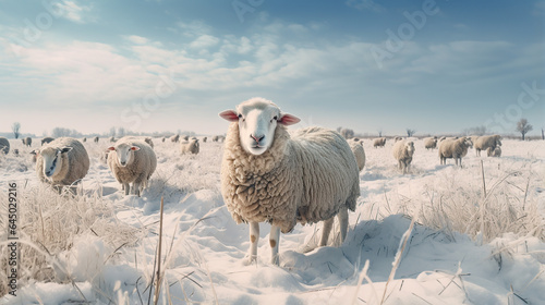 sheep grazing together in snow