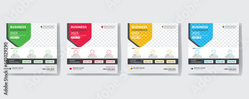 Business webinar invitation design. Webinar and business conference social media post template. Online webinar social media post template. Business conference banner template. Online live webinar.