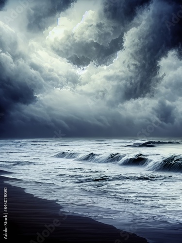  stormy beach  surrounded by crashing waves and dramatic clouds