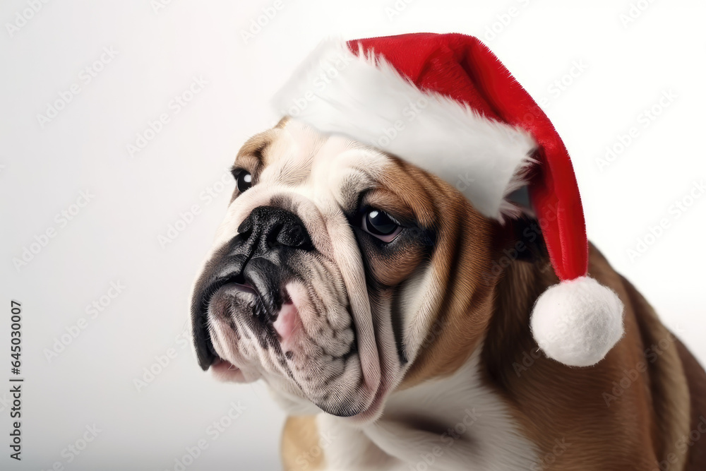 Bulldog dog dressed in Santa Claus hat, Christmas costume on white background. Season banner, poster