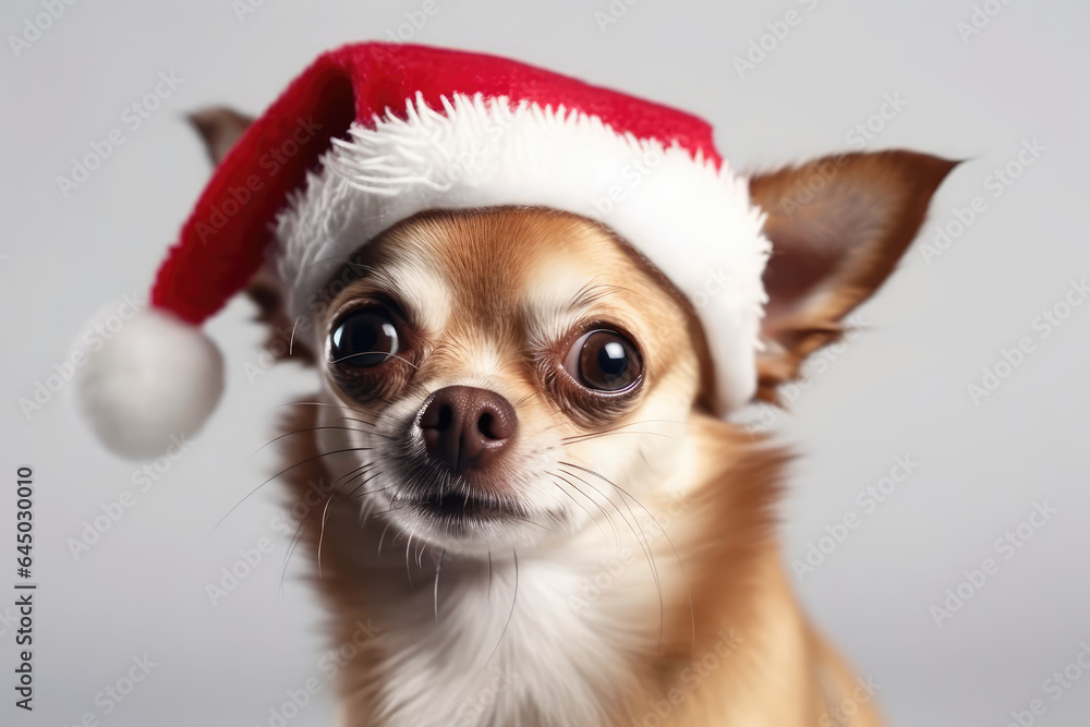 Portrait of Chihuahua dog dressed in Santa Claus hat, costume on white background. Season banner, poster Portrait of Chihuahua dog dressed in Santa Claus hat, costume on white background. Season banner, poster
