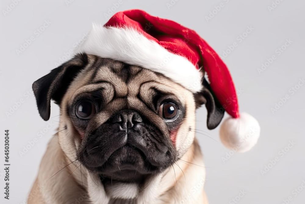 Portrait of Pug dog dressed in Santa Claus hat, costume on white background. Season banner, poster