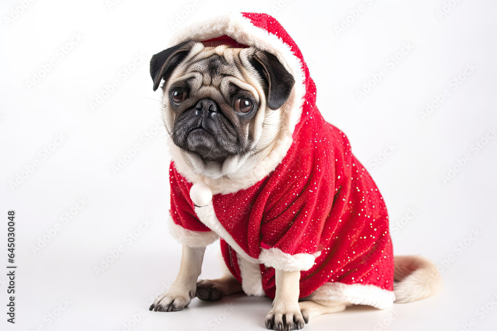 Pug dog dressed in Santa Claus hat, costume on white background. Season banner, poster