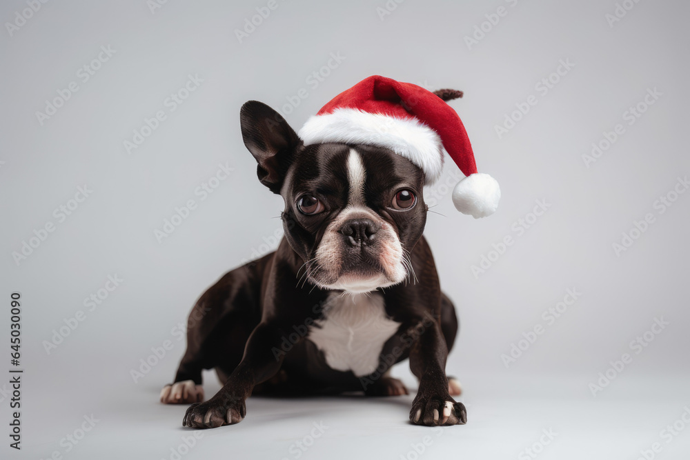 Boston terrier dog dressed in Santa Claus hat, costume on white background. Season banner, poster