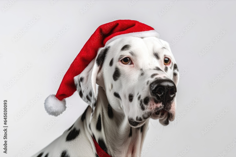 Portrait of Dalmatian dog dressed in Santa Claus hat, costume on white background. Season banner, poster Portrait of Dalmatian dog dressed in Santa Claus hat, costume on white background. Season banner, poster