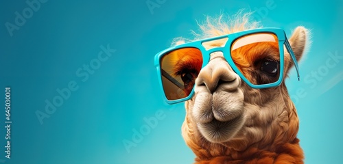 Stylish Desert Dweller: Camel Rocking Sunglasses, Advertising Banner, isolated on solid pastel background, generative Ai © Aleksandr