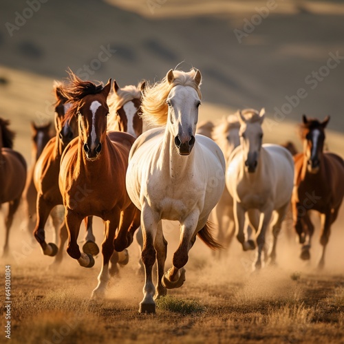 . A group of wild horses running freely across a vast, open grassland.  © nomi_creative