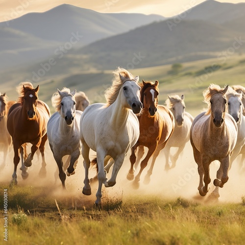 . A group of wild horses running freely across a vast  open grassland. 