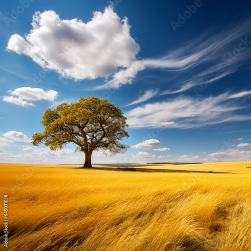 . A lone tree standing tall in the middle of a vast  golden meadow under the clear blue sky. 