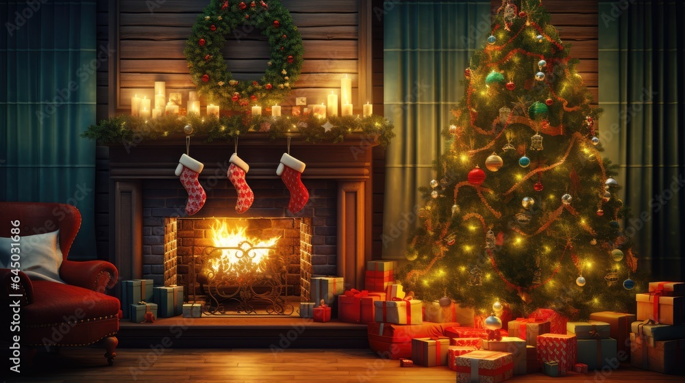 Cozy Christmas Celebration with Decorated Tree, Fireplace, and Gifts
