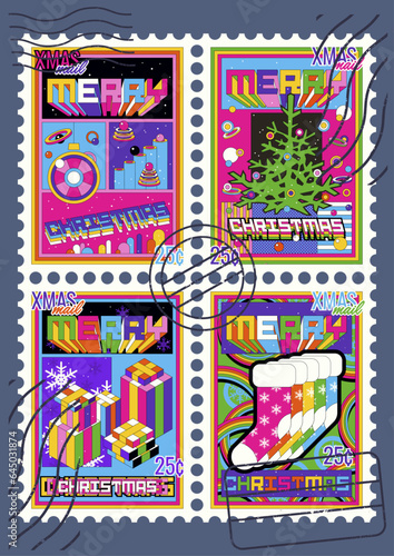 Merry Christmas And New Year Abstract Psychedelic Colors Postage Stamps Set. 1980s Retro Style Winter Holidays Celebration Post Illustrations