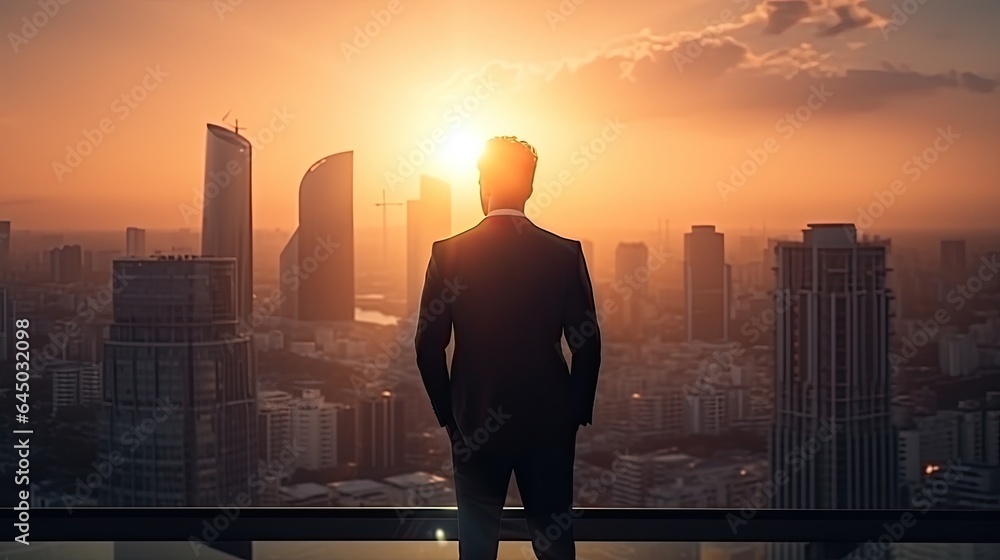 Silhouette of business man stand and feel happy on the most hight at stand on sunset, success, leader, teamwork, target, Aim, confident, achievement, goal, on plan, finish, generate by AI