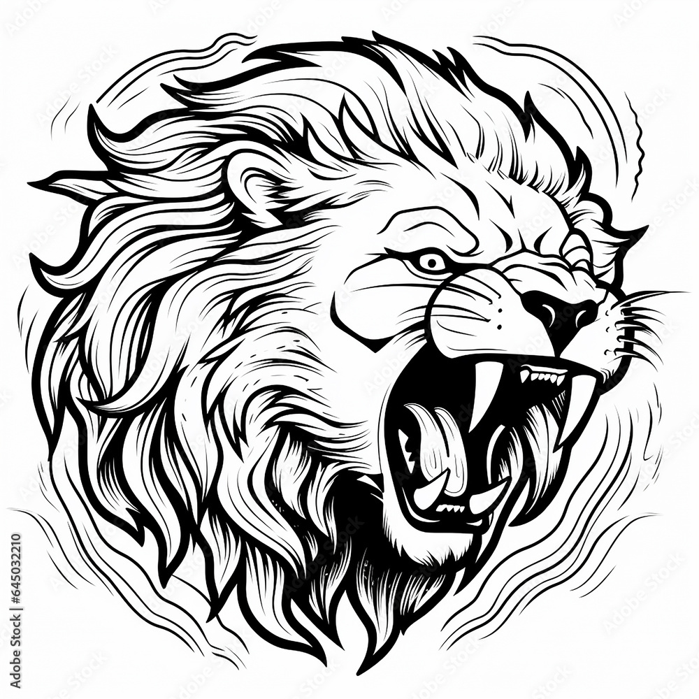 Illustration of a angry lion head in black and white coloring, generative ai