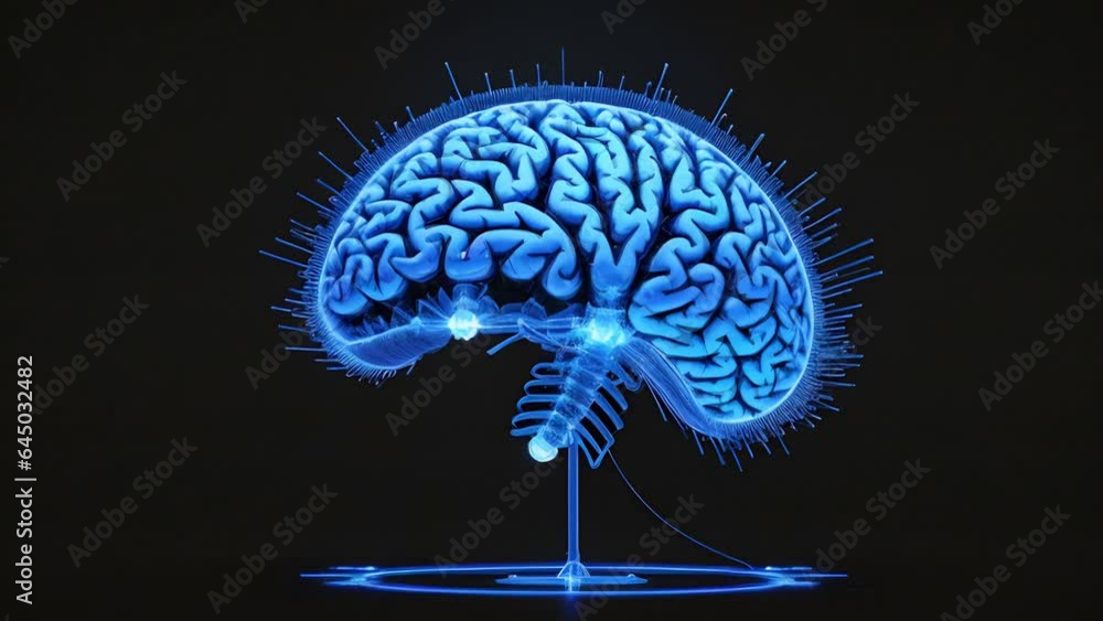 Futuristic animation with blue human brain on dark grunge background. Blue x-ray image, artificial intelligence concept. AI generated animation with image transformations. Futuristic animation with blue human brain on dark grunge background. Blue x-ray image, artificial intelligence concept. AI generated animation with image transformations.