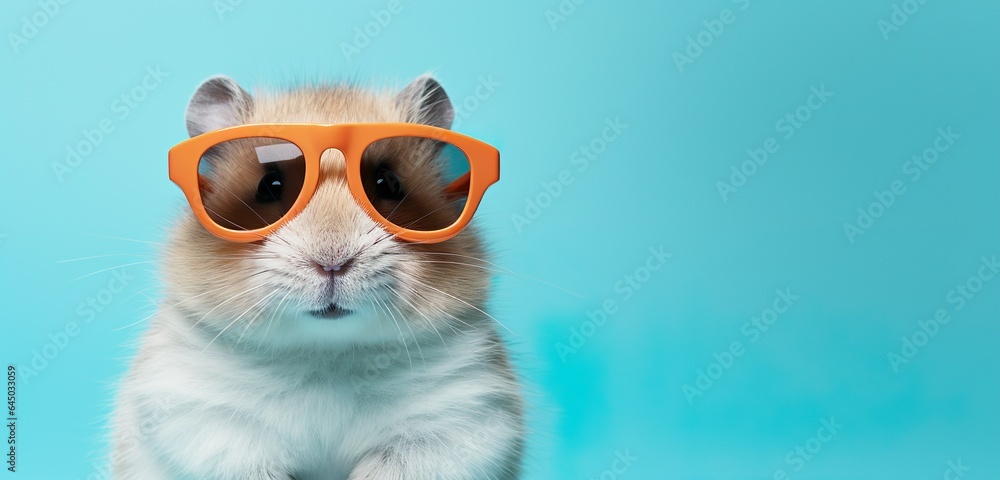 Fototapeta premium Adorable Hamster in Stylish Shades, isolated on solid pastel background, advertising banner, generative Ai