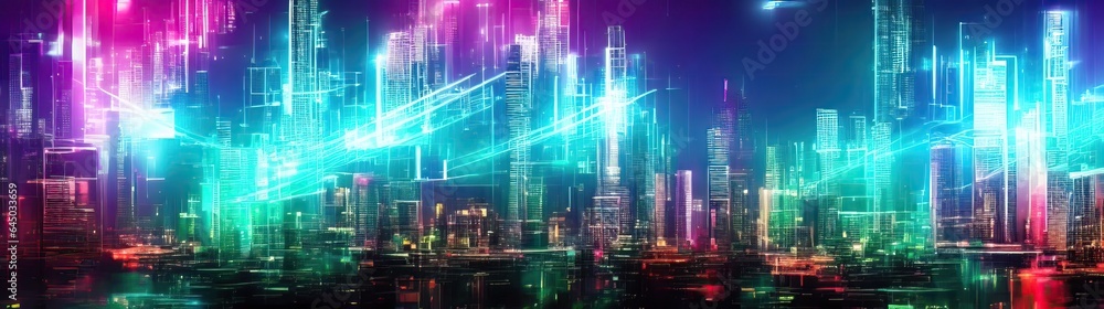 Futuristic city at night with blue lights. 3D rendering, A futuristic urban city backdrop with blue network connection lines and a hologram effect, AI Generated, digital wallpaper Futuristic city at night with blue lights. 3D rendering, A futuristic urban city backdrop with blue network connection lines and a hologram effect, AI Generated, digital wallpaper