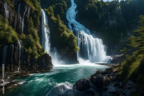 A rendered picture of a towering waterfall cascading down a cliff