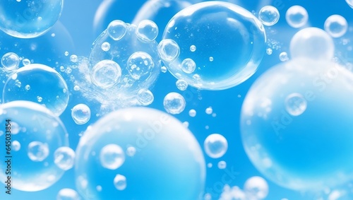 Goods with bubbling fizz and revitalizing cleanliness or energy. Defocus bokeh blurred translucent effervescent blue gas bubbles floating in space in a studio photo.